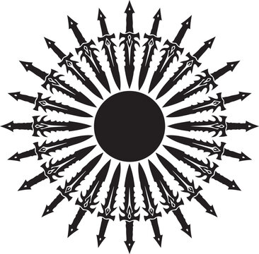 Black sword, dagger, knife circular pattern, 30 sharp weapons, vector illustration, dark symbol, weaponry design element