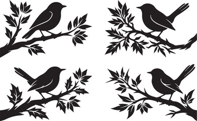 Fototapeta premium Black bird silhouettes, bird branch icons, tree branch vector graphics, wildlife symbols