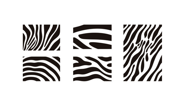 Abstract graphic arrangement featuring zebra-like stripes. Six square and rectangular tile elements