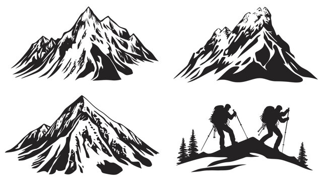 Four black and white illustrations of mountains and hikers, designed in a simple, graphic style