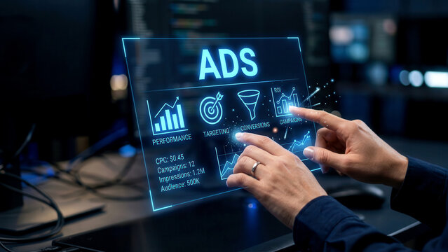 Business professional analyzing digital advertising data and optimizing campaigns on a futuristic interactive display.