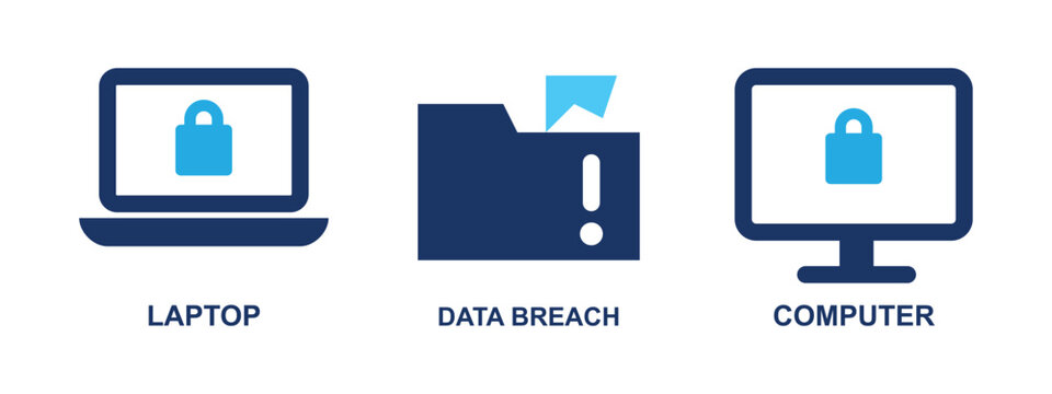 A concept representing data breach with icons of laptop, computer and folder