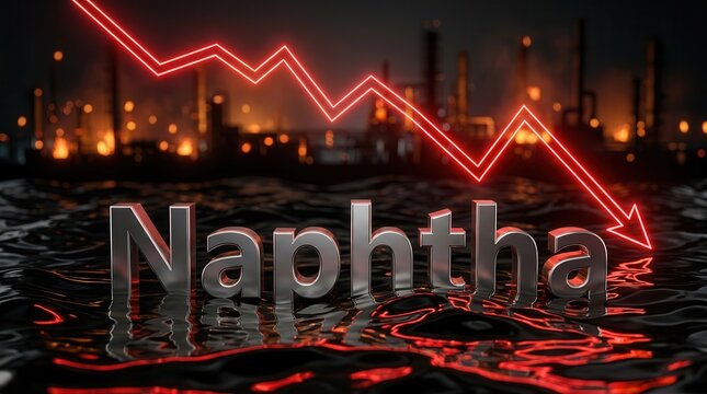 Industrial facility and naphtha economic decline represented by a falling red graph.