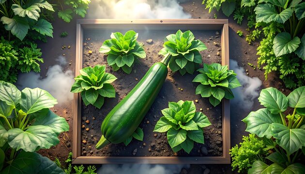 Fresh zucchini and cabbage seedlings growing in a raised garden bed, surrounded by lush green plants and soft sunlight, representing healthy organic agriculture and cultivation