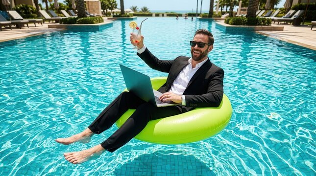 Successful businessman in a suit floating in a swimming pool with a laptop and cocktail.