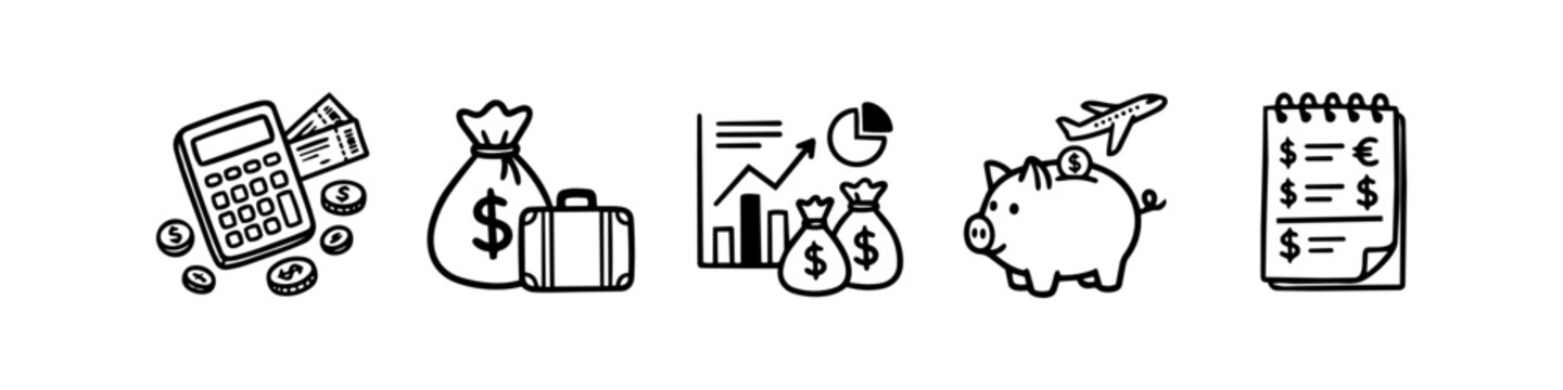 Set of five hand-drawn hammer icons in a doodle sketch style. Various shading techniques on a white background, perfect for construction, DIY, and repair themed projects.