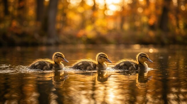 Three ducklings swimming gracefully together on golden water.