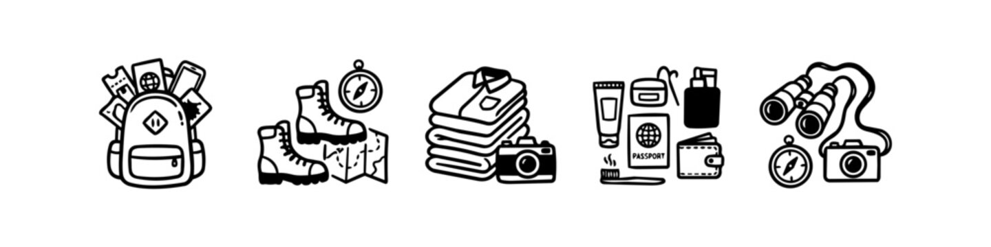 Set of hand-drawn electric drill icons in a minimalist doodle style. Black and white vector sketches of cordless power tools for construction, DIY home improvement, and repair projects.