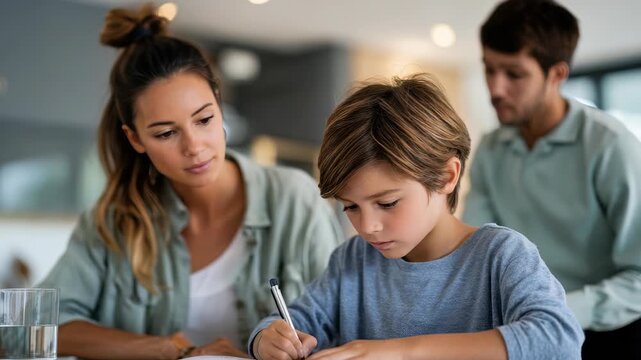 Mother assists her son with homework, fostering learning and concentration in a comfortable home setting. Parental involvement in education promotes academic success and emotional support