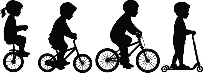 Black Silhouette Kids Riding Bicycle and Scooter Set with Boys and Girls for Children Activity and Outdoor Design Elements © sojibislam