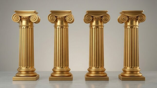 Four golden classical ionic columns representing ancient Roman and Greek architecture.