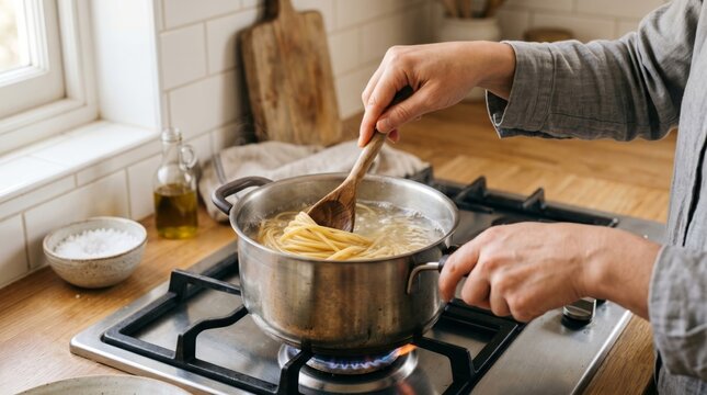 Woman cooking pasta in pot on gas stove. Home chef stirring spaghetti with wooden spoon. Culinary process of making Italian dinner in kitchen. Preparation of lunch in cozy domestic interior.