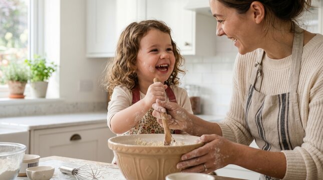 Woman and female child baking cookies together in white kitchen. Mother and daughter mixing dough in bowl. Happy family bonding at home. Culinary activity, childhood learning concept.