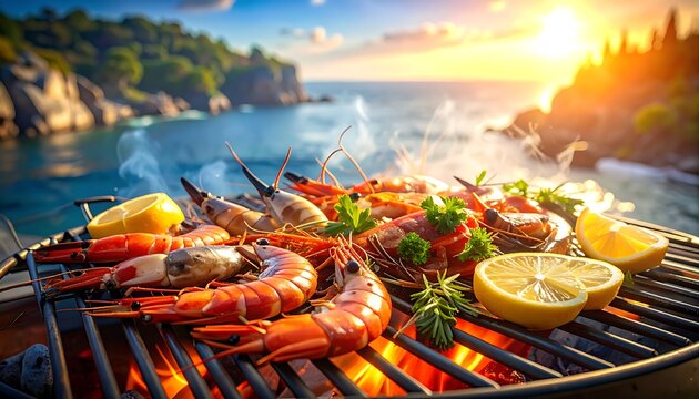 Grilled king prawns and shrimp sizzling on a barbecue with lemon slices and fresh herbs, scenic ocean sunset backdrop, outdoor dining