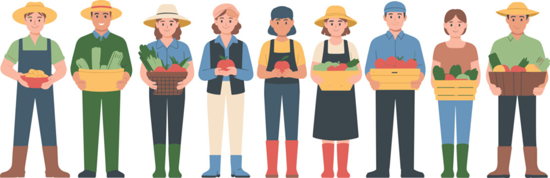 Colorful Flat Style Diverse Farmer and Gardener Group Set with Men and Women Holding Fresh Vegetables for Agriculture Design