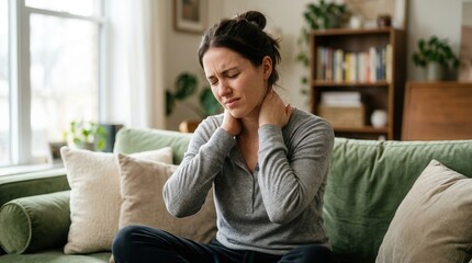 Fototapeta premium Young woman suffering from neck pain while sitting on a sofa at home.