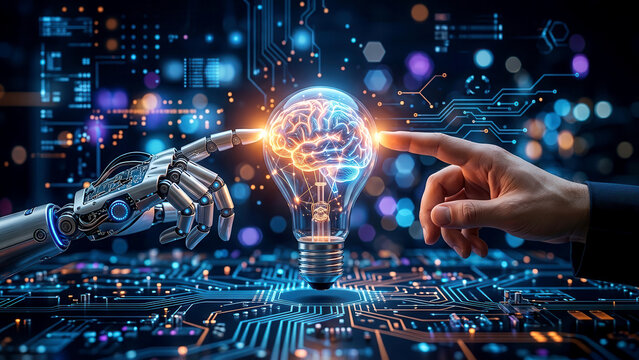Collaborative intelligence human and robot hands spark a brain filled lightbulb on a digital circuit.