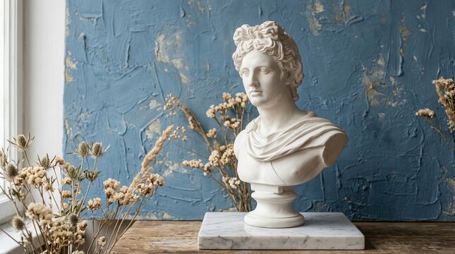 White gypsum bust of Apollo decorating a blue textured wall next to flowers.