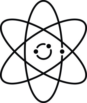 Minimalist black and white atom with central nucleus and electron orbits symbol