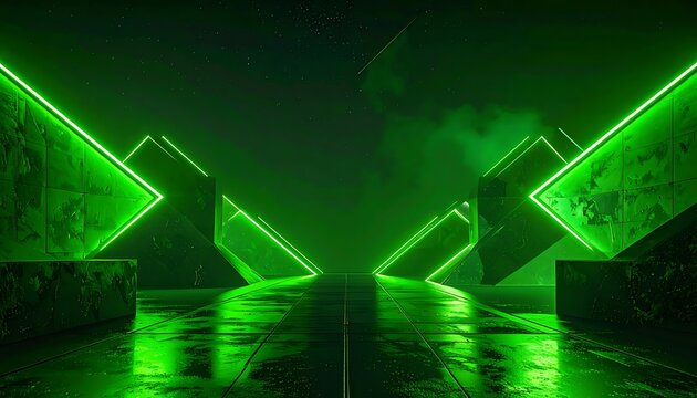 Futuristic alien landscape with glowing green neon geometric structures, dark misty atmosphere, and a sense of mystery, perfect for sci-fi themes or digital art backgrounds