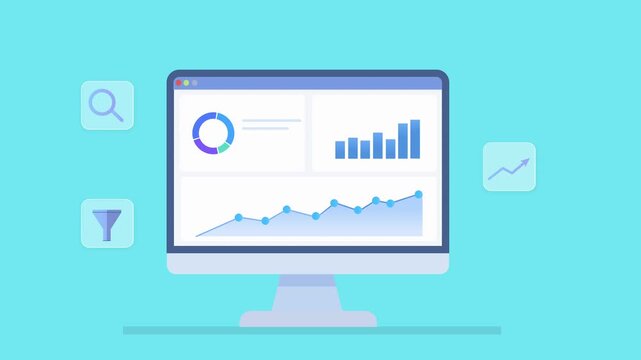 Animated desktop monitor displaying analytics dashboard with search and filter icons, representing digital data analysis and business technology.