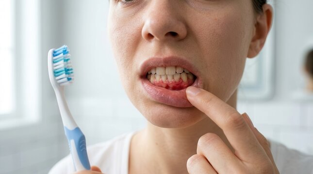 Close up of a young woman looking at her red bleeding gums while holding a toothbrush.