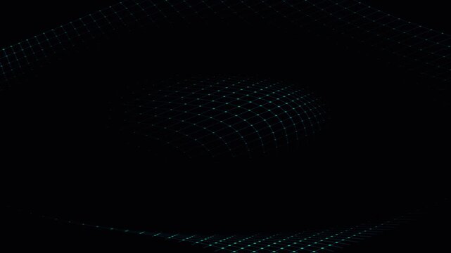 An abstract digital grid animation with glowing green nodes on a dark background, creating a sense of depth and motion.