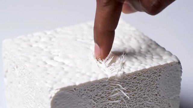 A persons finger pressing into a white sponge with a honeycomb texture