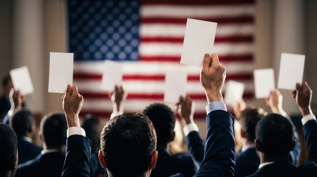 A crowd raises their hands with ballots during a democratic process under an American flag.