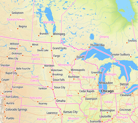Obraz premium Map of the State Minnesota (United States of America) and a large area of neighboring states for small print size. With relief representation and some placenames in medium fontsize.