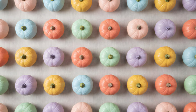Colorful decorative pumpkins arranged in a pattern on background  