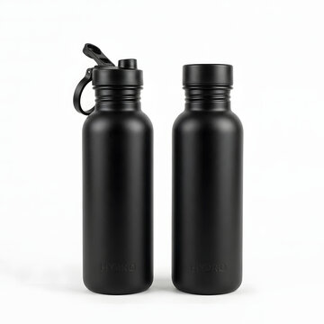 Two modern matte black reusable metal water bottles featuring distinct lid designs for drinking during fitness activities or daily hydration needs at home and office.