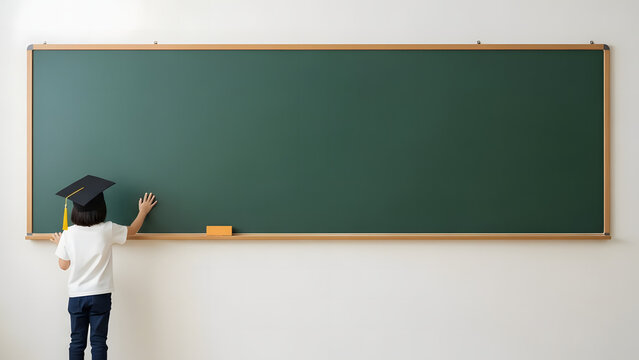 Child Graduate Beside Blank Green Chalkboard for Education Background with Large Copy Space and Classroom Wall
