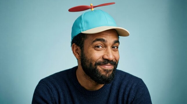 Close portrait of bearded man wearing turquoise propeller hat with red blade against aqua studio wall, subtle grin, navy sweater, quirky modern character, friendly clean commercial fashion style