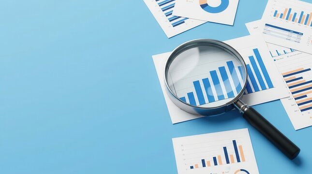 A magnifying glass hovers over financial reports and charts for business analysis.
