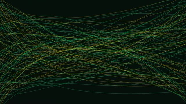 Abstract flowing lines in green and yellow hues weave and intersect against a dark background, creating a dynamic visual. This animated loop offers a sense of movement and complexity.