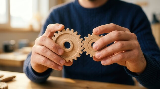 Hands holding wooden gear pieces to represent adaptive thinking and strategy.