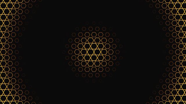 This abstract motion graphic features a dark background with a golden hexagonal geometric pattern that fades in and out.