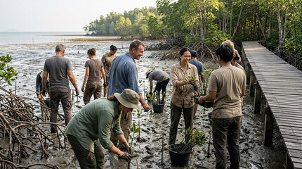 Naklejka premium Diverse Group of Volunteers Planting Mangrove Seedlings in Mudflat for Environmental Conservation in Southeast Asia