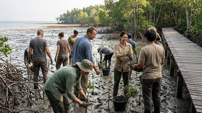 Diverse Group of Volunteers Planting Mangrove Seedlings in Mudflat for Environmental Conservation in Southeast Asia