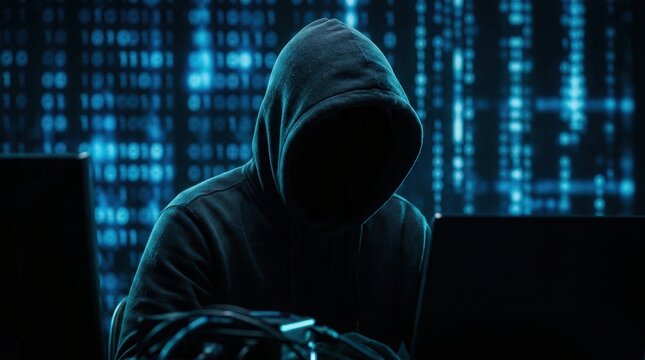 An anonymous hacker in a dark hoodie exploits social platforms to distribute scams and fake requests.