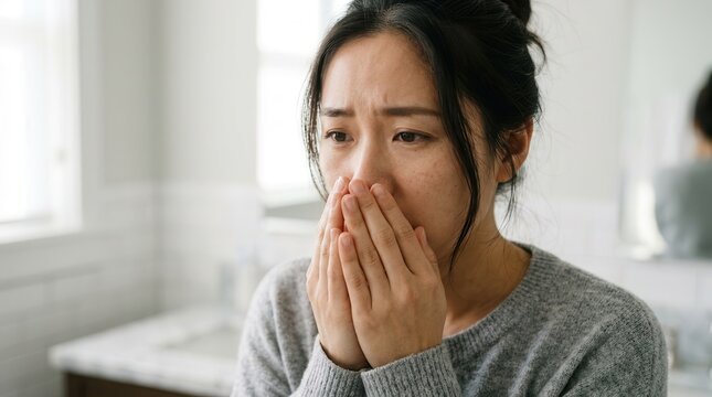 Anxious woman checking the smell of her breath with a worried expression.