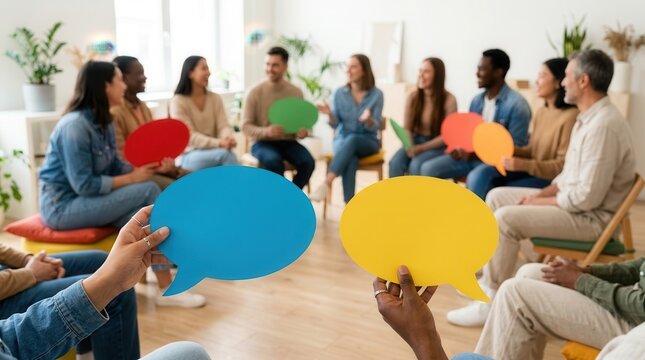 Group of people holding colorful speech bubbles for friendly discussions and peer support.