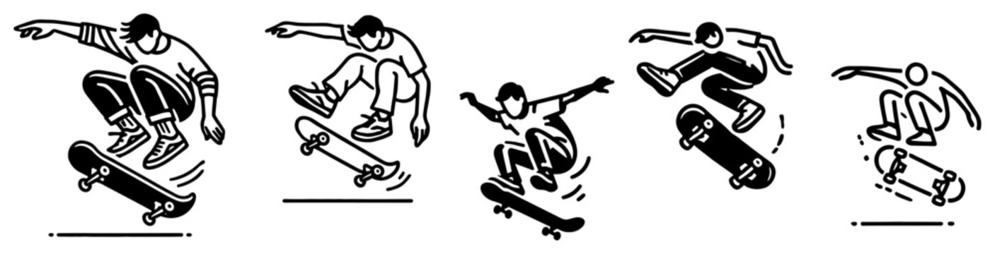 Skateboarder Jumping and Doing Tricks Set, Urban Street Sport Action Poses Line Art Vector Illustration