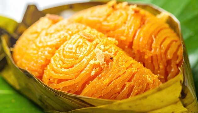Close-up of Traditional Thai Dessert Wrapped in Banana Leaf.