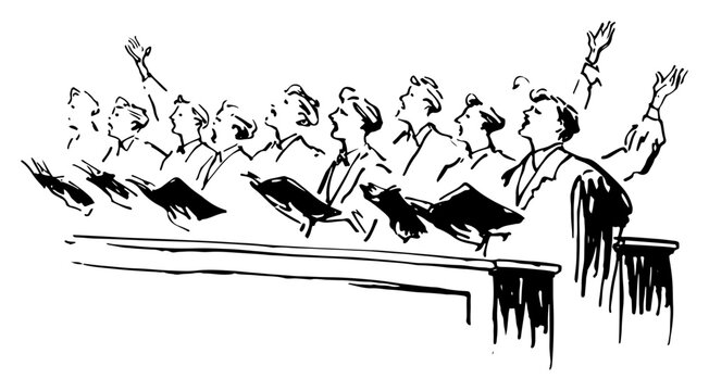 Church Choir Singers Group Sketch Illustration, People Singing Hymns in Religious or Legal Setting Line Art Vector