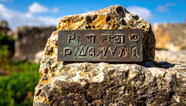Archaic Phoenician alphabet symbols etched onto a weathered bronze plaque resting on a textured stone surface