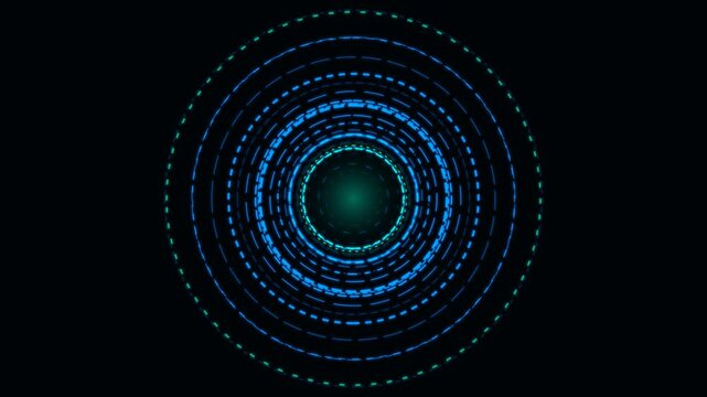 Animated concentric circles in blue and green, with dashed lines, create a tunnel effect against a black background. This motion graphics loop is ideal for technology themes.