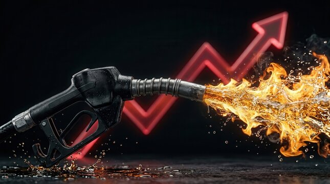 A fuel nozzle spewing fiery flames with an upward-trending red arrow signifying rising gasoline costs.
