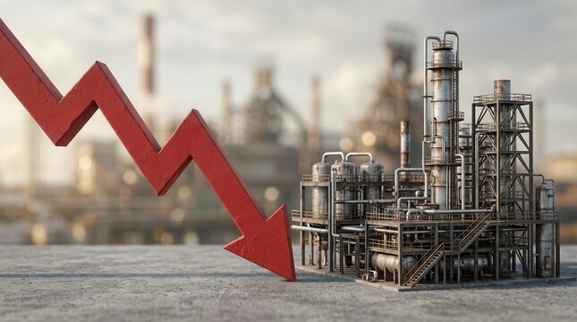 Red downward arrow over an industrial plant depicting an economic downturn.